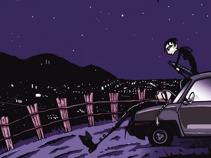 Dib and Gaz from Invader Zim on a car overlooking a city at night