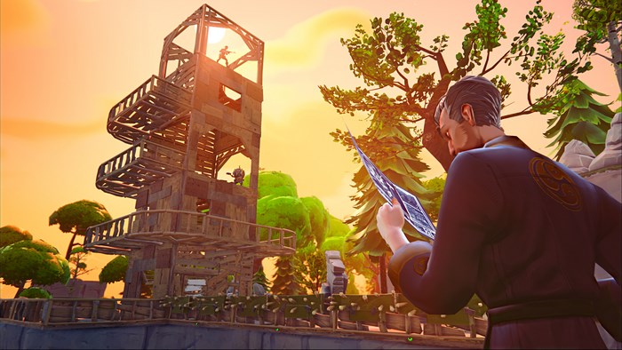 Fortnite character on wooden tower at sunset