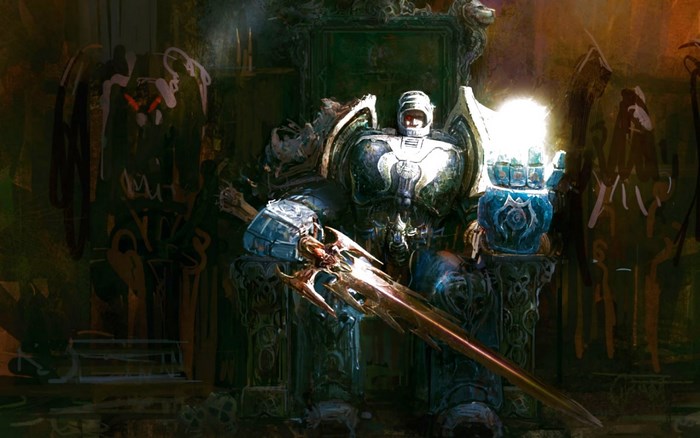 Warhammer 40k character on a throne