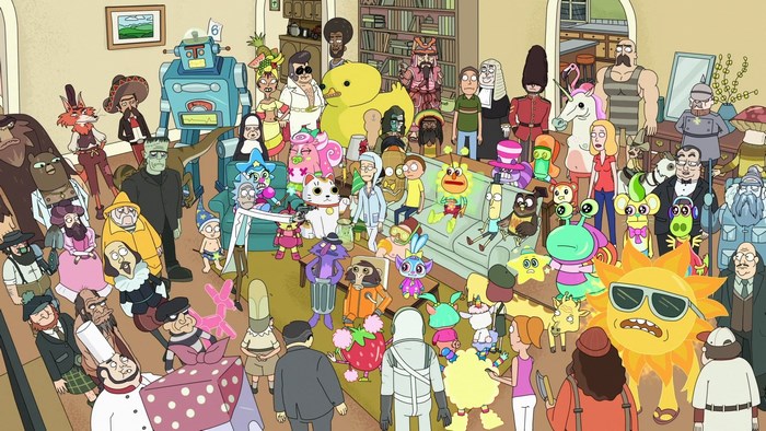 Rick and Morty characters in a crowded room