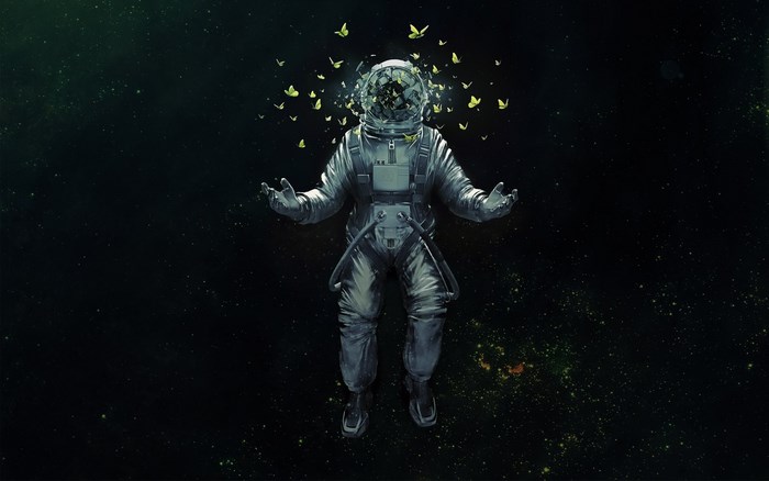Astronaut surrounded by butterflies in space