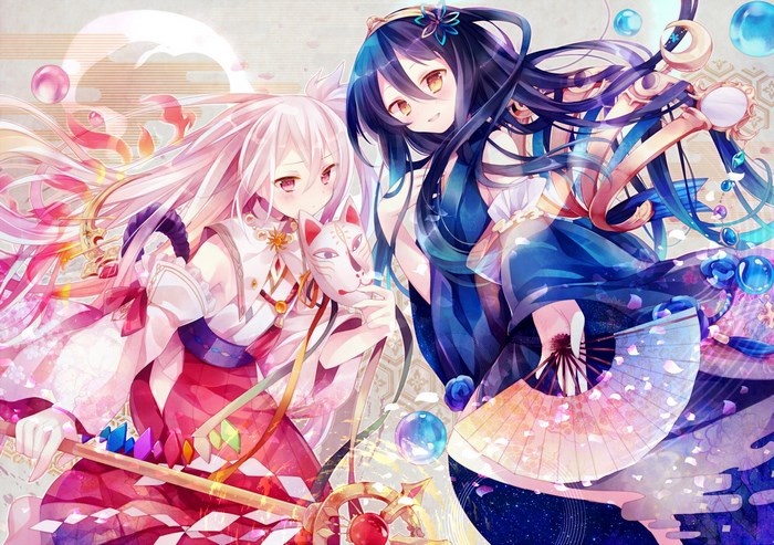 Two anime girls with fox mask and fan