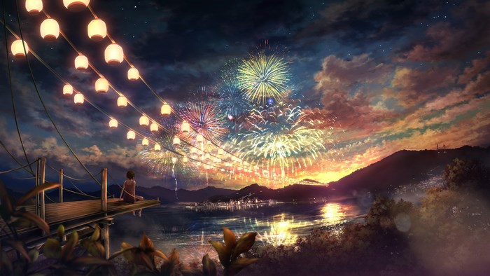 Anime girl watching fireworks from a pier