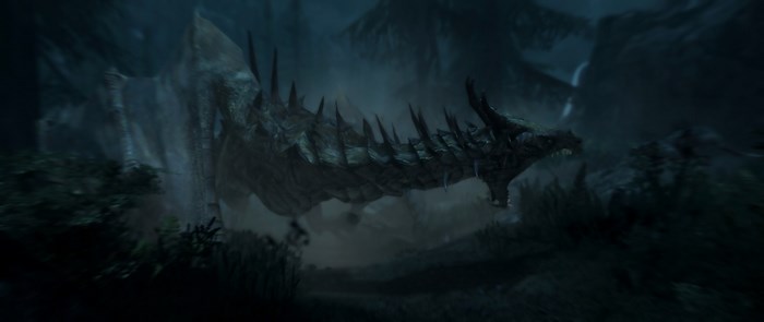 Dragon in a dark, misty forest