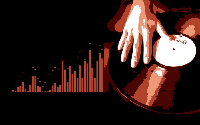 DJ hand on vinyl record with equalizer