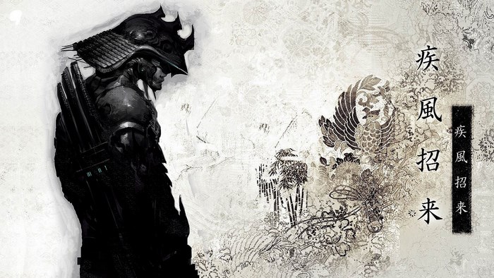 Samurai warrior with Japanese calligraphy and art