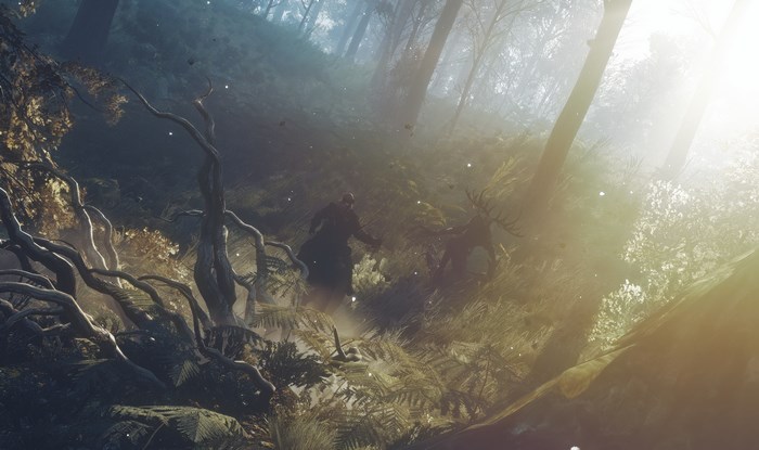 Geralt of Rivia and a stag in a misty forest