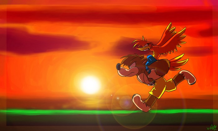 Banjo and Kazooie running at sunset