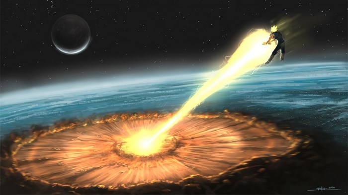 Goku from Dragon Ball Z firing a Kamehameha at Earth