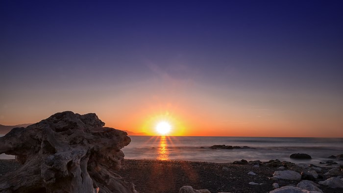 4K Sunset over the Ocean with Driftwood