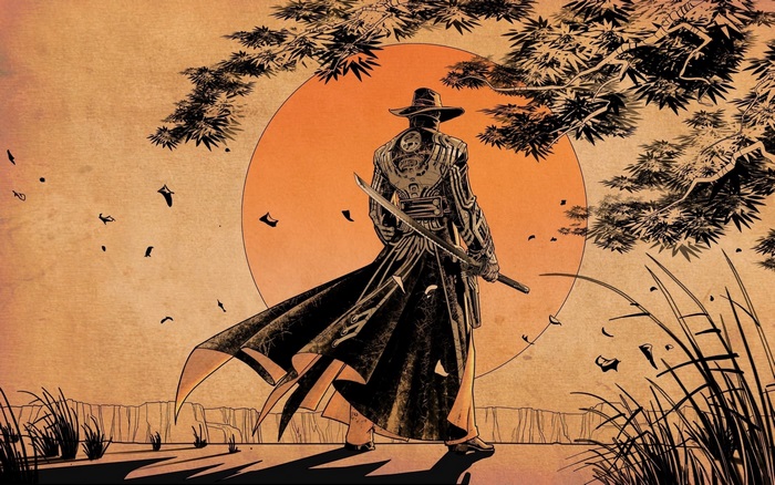 Samurai with katana under a tree and sun