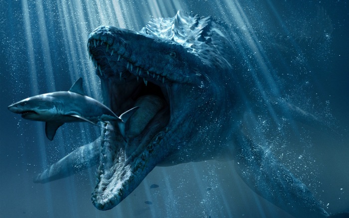 Mosasaurus eating a shark in Jurassic World