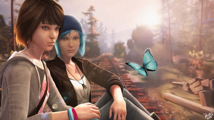 Max and Chloe from Life is Strange with a butterfly