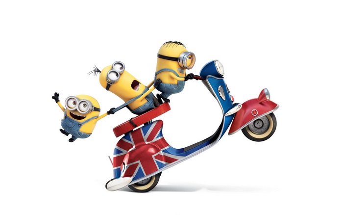 Minions riding a scooter with Union Jack design