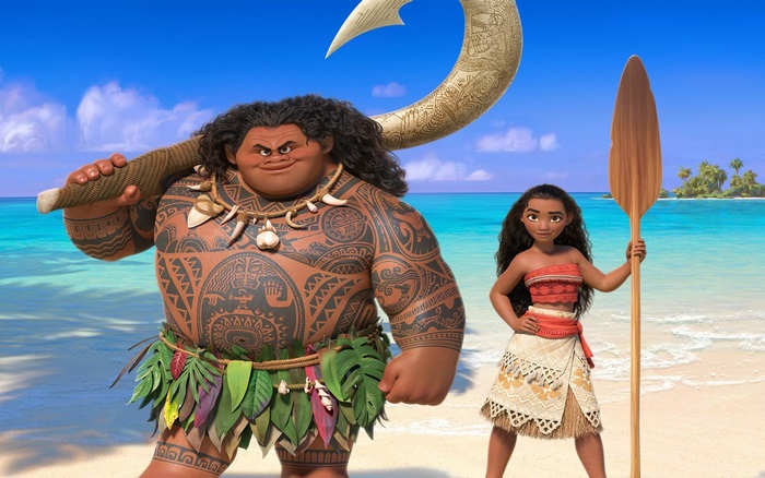 Maui and Moana from Moana on a beach