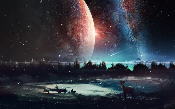 Deer in a snowy alien landscape with planets and galaxy