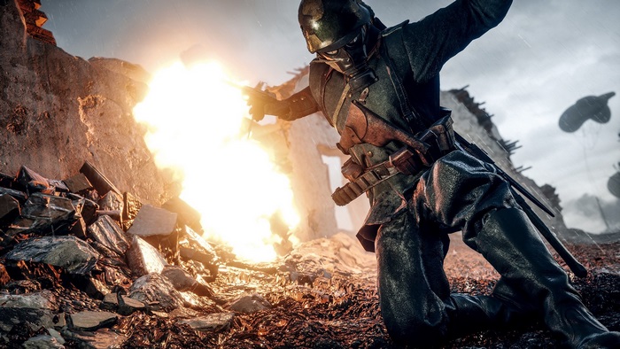 Soldier in gas mask firing weapon in Battlefield 1