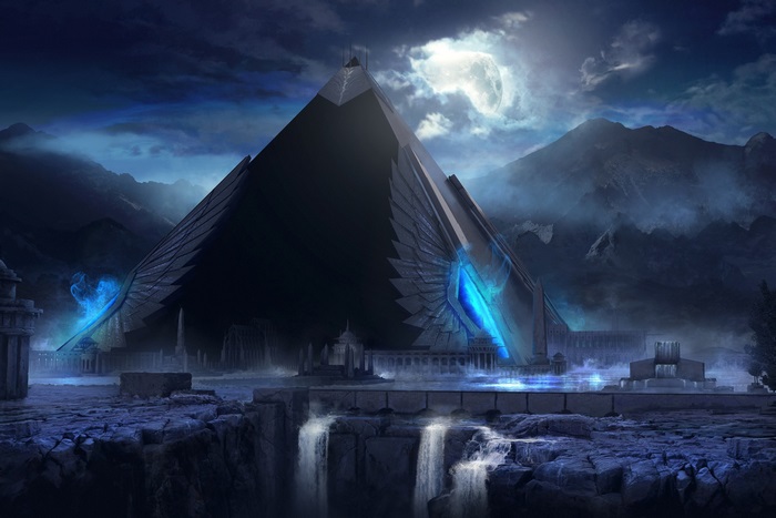 Dark pyramid with blue energy and waterfalls