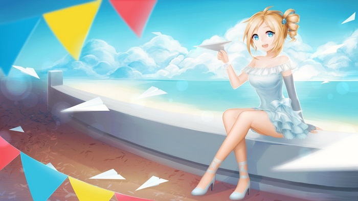 Anime girl with paper airplanes at the beach