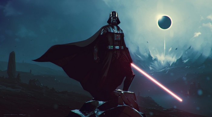 Darth Vader with Lightsaber Under Eclipsed Star