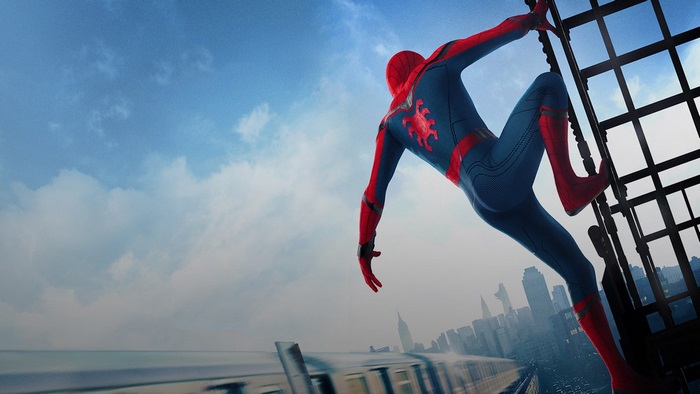 Spider-Man climbing a structure over a city