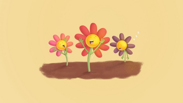 Three cartoon flowers with faces in the soil