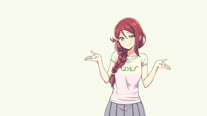 Anime girl with braided hair and shrugging gesture