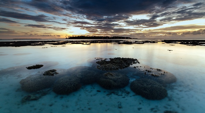 Sea at sunset with coral reefs