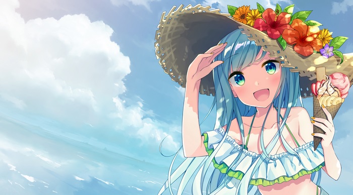 Anime Girl with Ice Cream and Floral Hat 4K