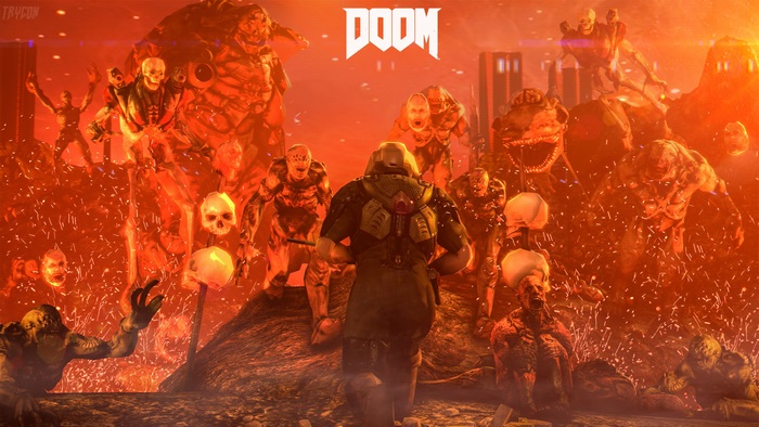 Doom Slayer facing demons in hell 4K
