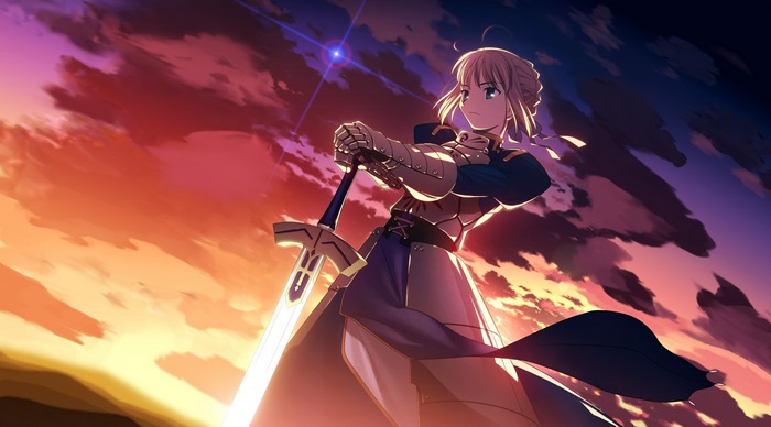 Saber Holding Glowing Sword at Sunset 4K