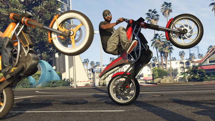 Two men doing wheelies on motorcycles in GTA 5 4K