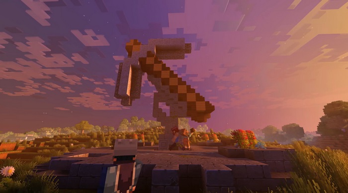 Minecraft 4K Sunset with Giant Hammer Statue