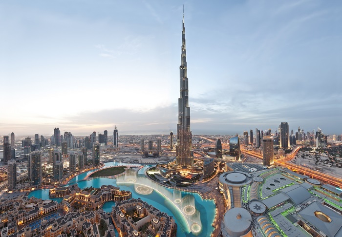 Burj Khalifa and Dubai skyline at dusk