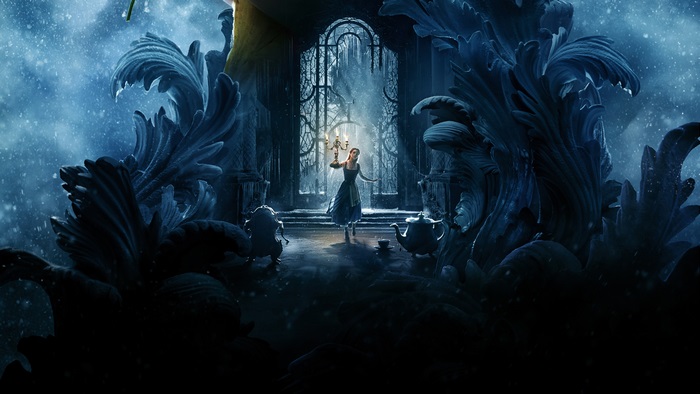 Belle from Beauty and the Beast in a castle