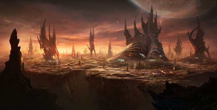 Alien Cityscape with Spire-like Structures and Planets