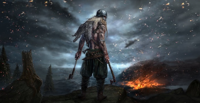 Viking warrior with axes in a fiery landscape