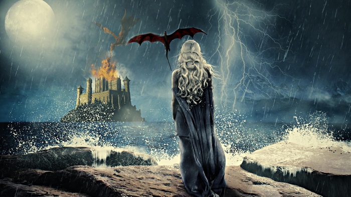 Daenerys Targaryen with Dragons and Burning Castle