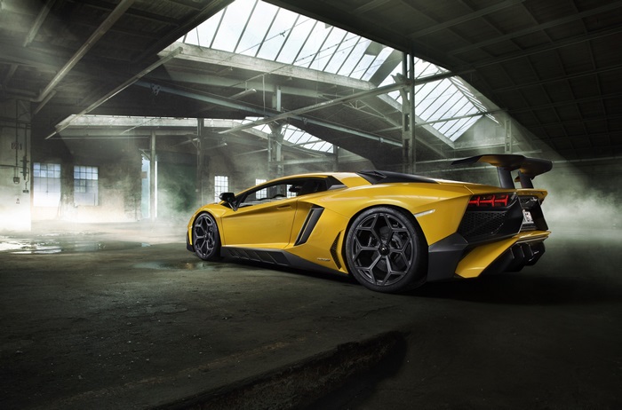 Yellow Lamborghini Aventador LP 750-4 Superveloce in warehouse