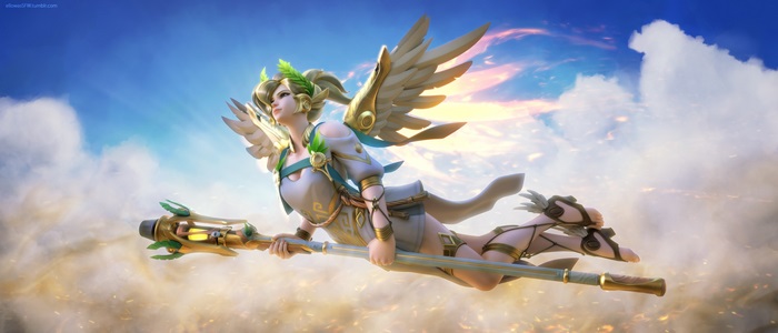 Mercy from Overwatch flying in the sky