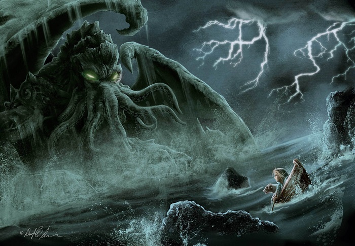 Cthulhu in a stormy sea with a boat