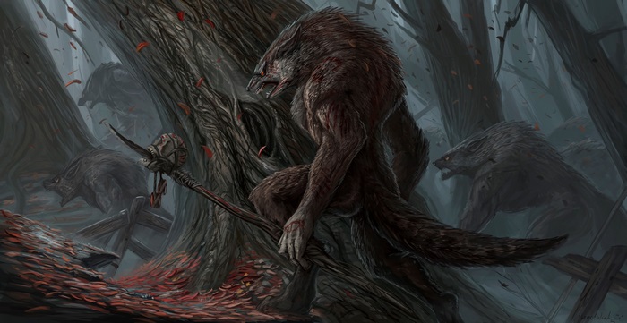 Werewolves in a dark forest