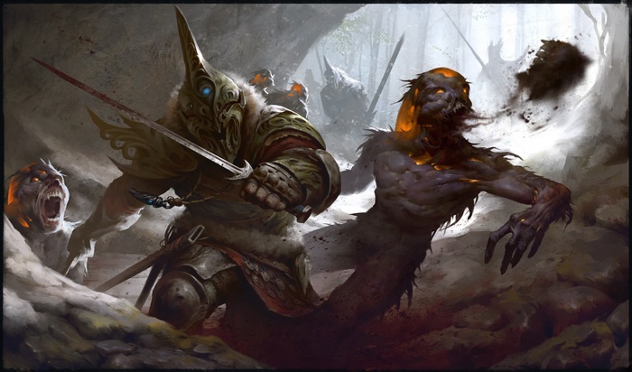 Warrior fighting zombies in a forest 4K