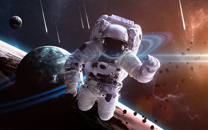 Astronaut in Space with Planets and Meteors 4K