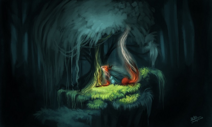 Foxes in a mystical forest clearing