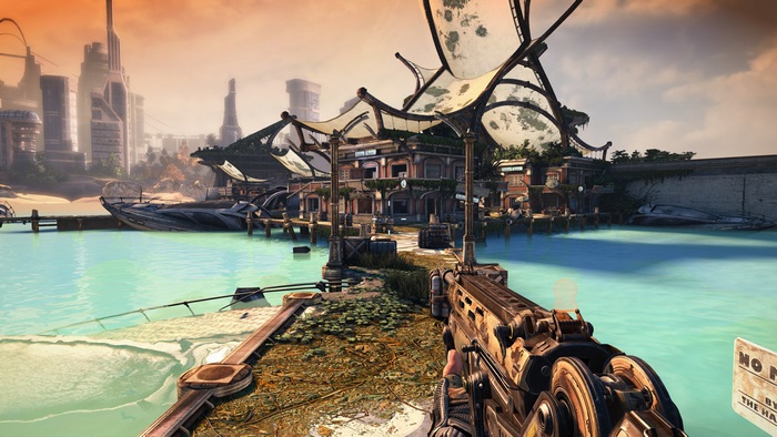 Video game 4K screenshot of a futuristic city and harbor