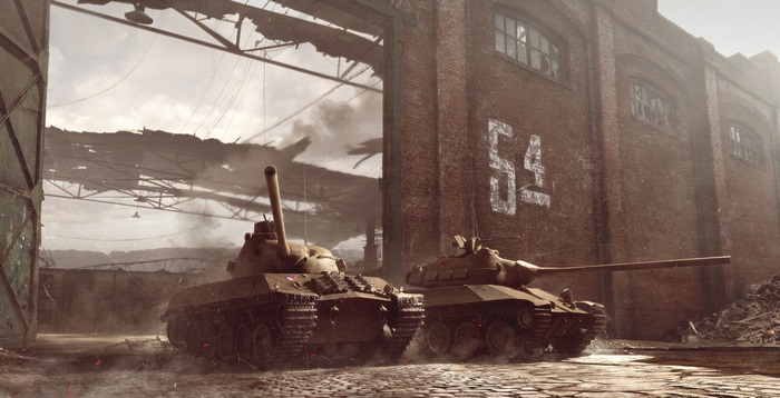 Tanks in a destroyed industrial area from World of Tanks 4K