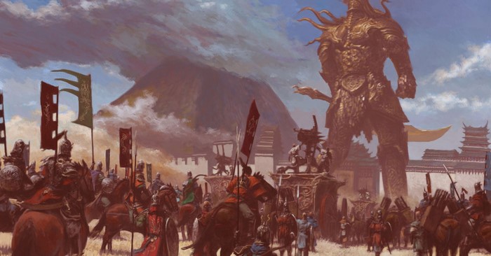 Fantasy army with giant statue and mountain