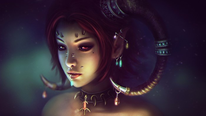 Demon girl with red hair and horns, fantasy art