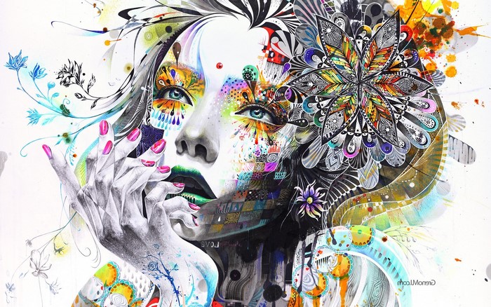 Surreal portrait of a woman with colorful mosaic face art